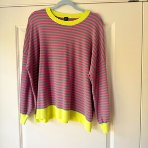 Pink and Gray Striped Sweater with Yellow Banding. Size Large, Oversized